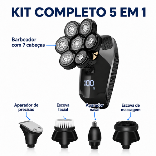 Barbeador Elétrico 5 em 1 com 7 Cabeças Flutuantes para Cabeça e Barba
