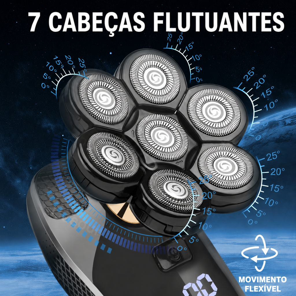 Barbeador Elétrico 5 em 1 com 7 Cabeças Flutuantes para Cabeça e Barba