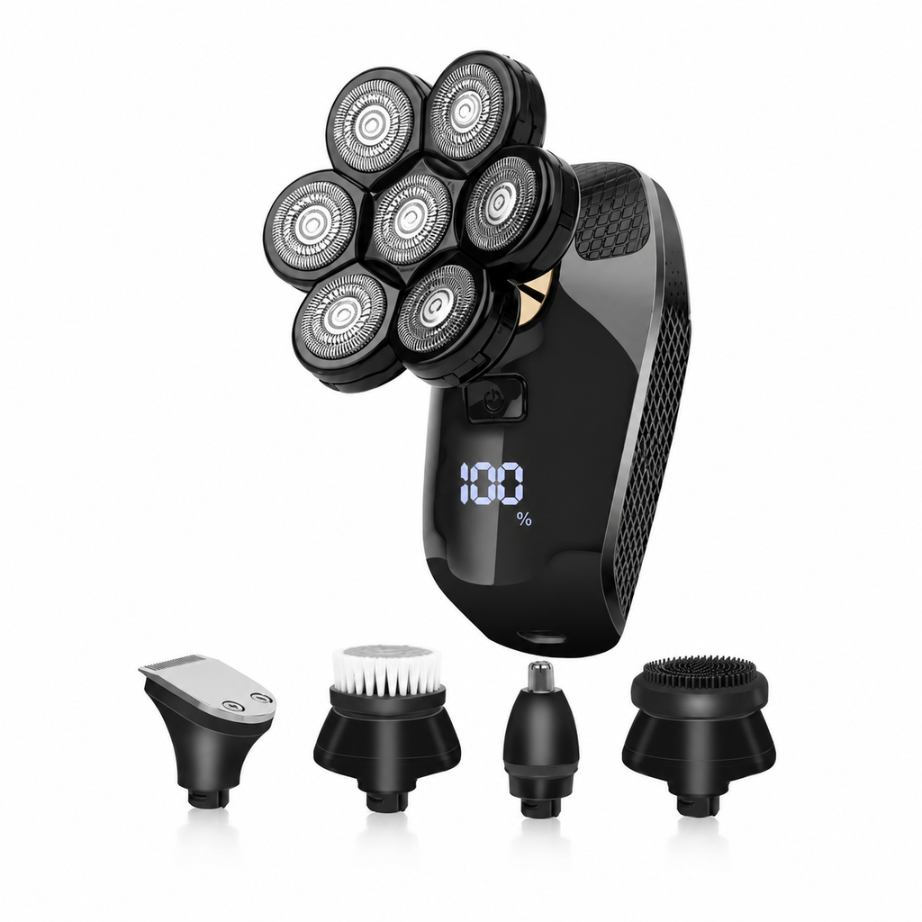 Barbeador Elétrico 5 em 1 com 7 Cabeças Flutuantes para Cabeça e Barba